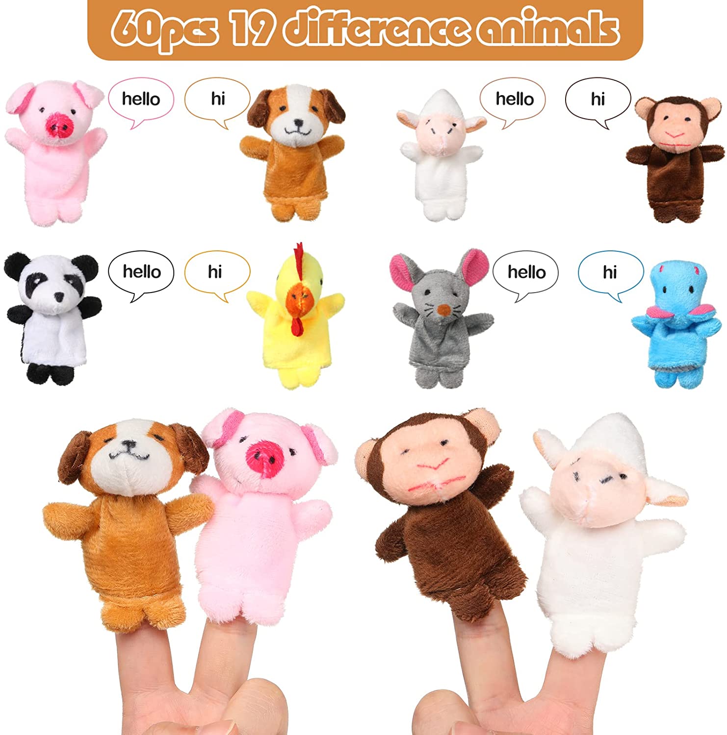 Juego de marionetas de dedo de 60 piezas, diferentes marionetas de dedo de animales de peluche para juegos de rol, enseñanza