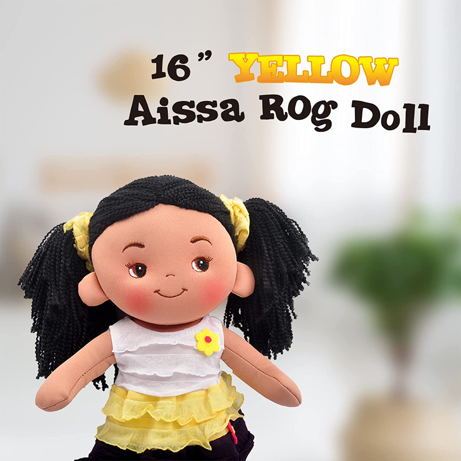 Linzy Plush 16' Yellow Aissa Rag Doll para niñas, Soft Plush, Sleeping Cuddle Buddy para niños pequeños Custom Plush Doll Toy 